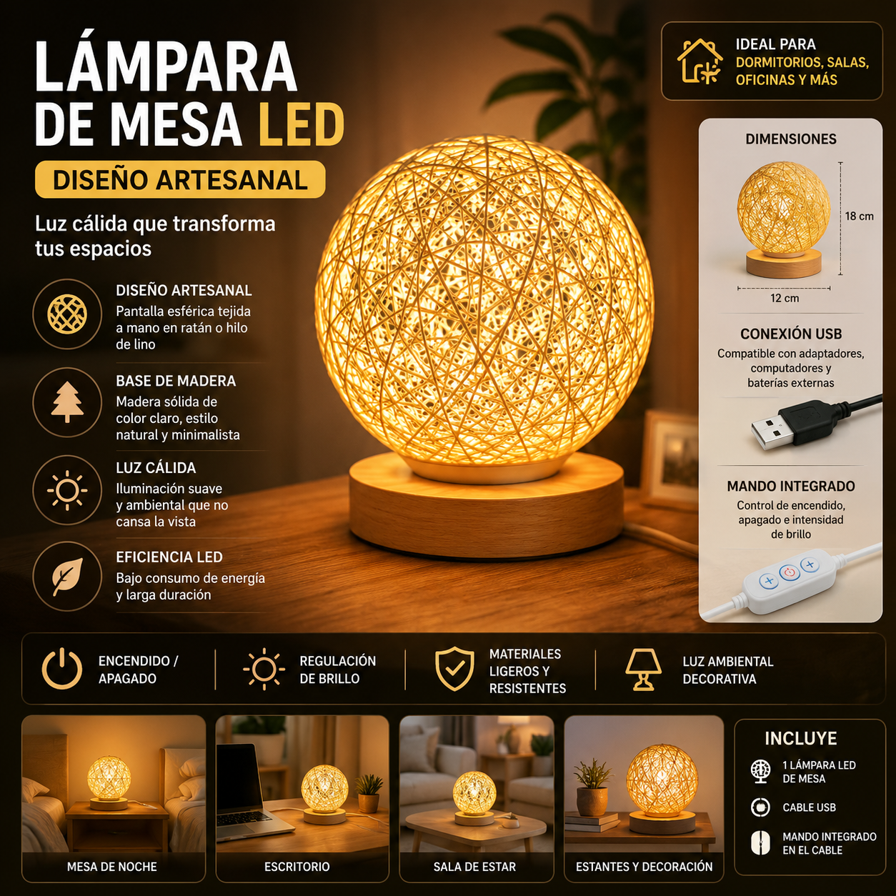 Lámpara de Mesa LED Decorativa Ratán USB Luz Cálida Regulable