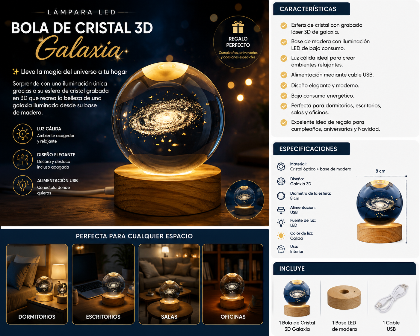 Lámpara LED Bola de Cristal Galaxia USB Base de Madera Decorativa