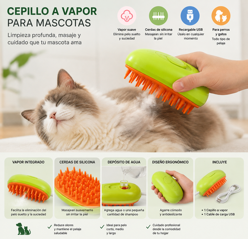 Cepillo a Vapor para Mascotas Recargable USB | Masaje, Limpieza y Eliminación de Pelo