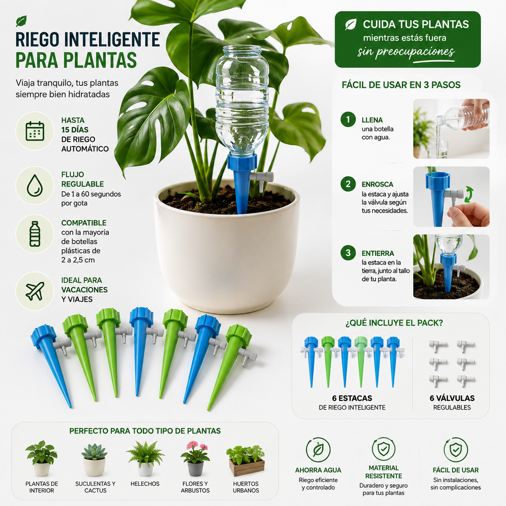 Pack 6 Estacas de Riego Automático para Plantas | Riego Inteligente por Goteo