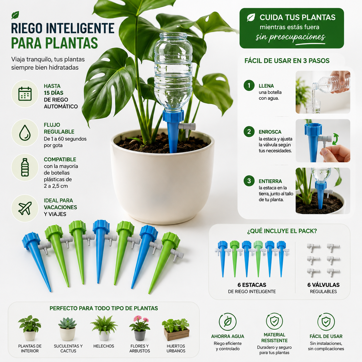 Pack 6 Estacas de Riego Automático para Plantas | Riego Inteligente por Goteo