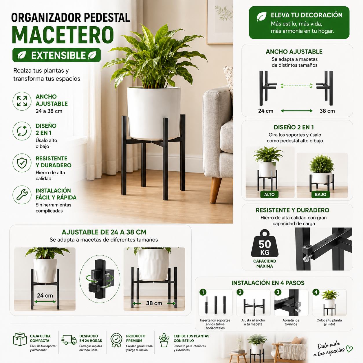 Organizador Pedestal para Maceteros Extensible de Metal | Ajustable 24 a 38 cm
