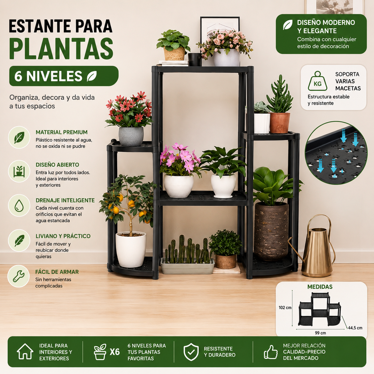 Estante para Plantas de 6 Niveles Premium | Organizador Decorativo Negro