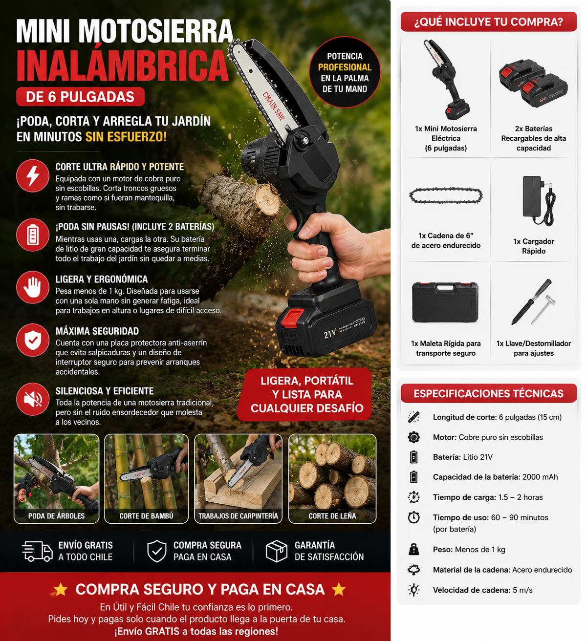Mini Motosierra Inalámbrica 6" Profesional + 2 Baterías (Envío Gratis)